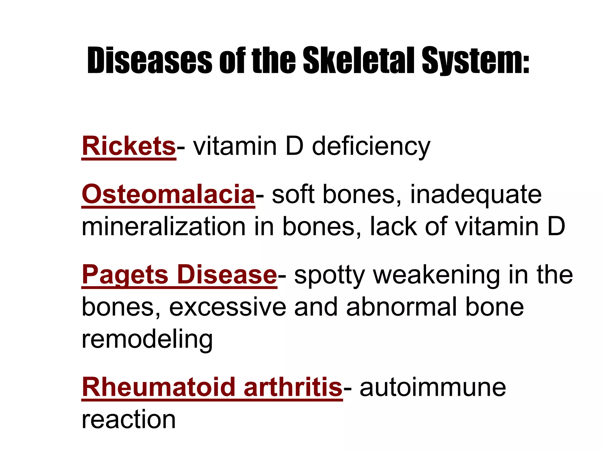 Rickets- vitamin D deficiency
Osteomalacia- soft bones, inadequate
mineralization in bones, lack of vitamin D
Pagets Disease- spotty weakening in the
bones, excessive and abnormal bone
remodeling
Rheumatoid arthritis- autoimmune
reaction
Diseases of the Skeletal System:
 