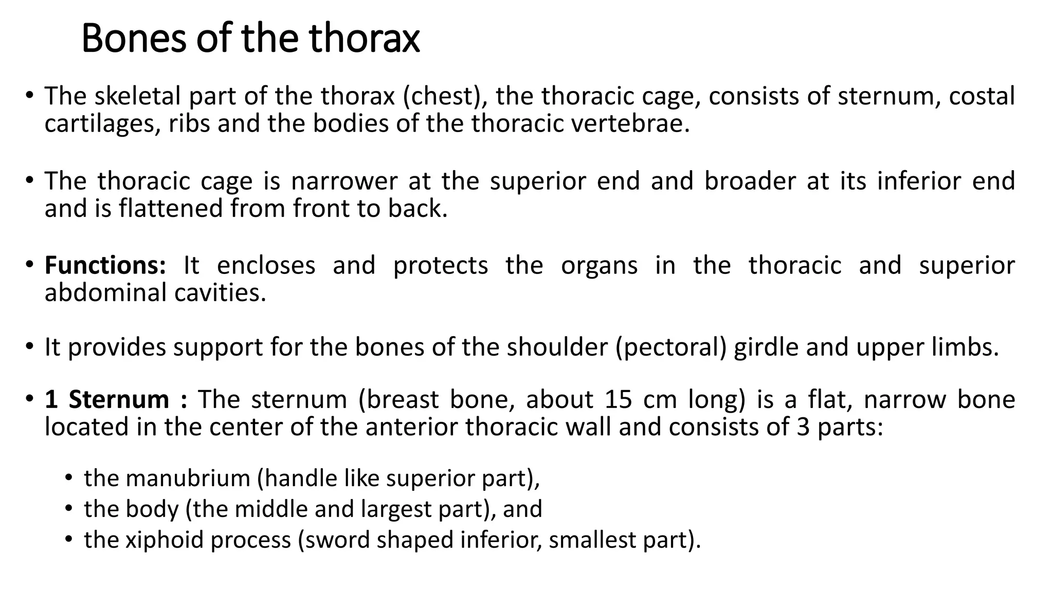 Bones of the thorax
• The skeletal part of the thorax (chest), the thoracic cage, consists of sternum, costal
cartilages, ribs and the bodies of the thoracic vertebrae.
• The thoracic cage is narrower at the superior end and broader at its inferior end
and is flattened from front to back.
• Functions: It encloses and protects the organs in the thoracic and superior
abdominal cavities.
• It provides support for the bones of the shoulder (pectoral) girdle and upper limbs.
• 1 Sternum : The sternum (breast bone, about 15 cm long) is a flat, narrow bone
located in the center of the anterior thoracic wall and consists of 3 parts:
• the manubrium (handle like superior part),
• the body (the middle and largest part), and
• the xiphoid process (sword shaped inferior, smallest part).
 