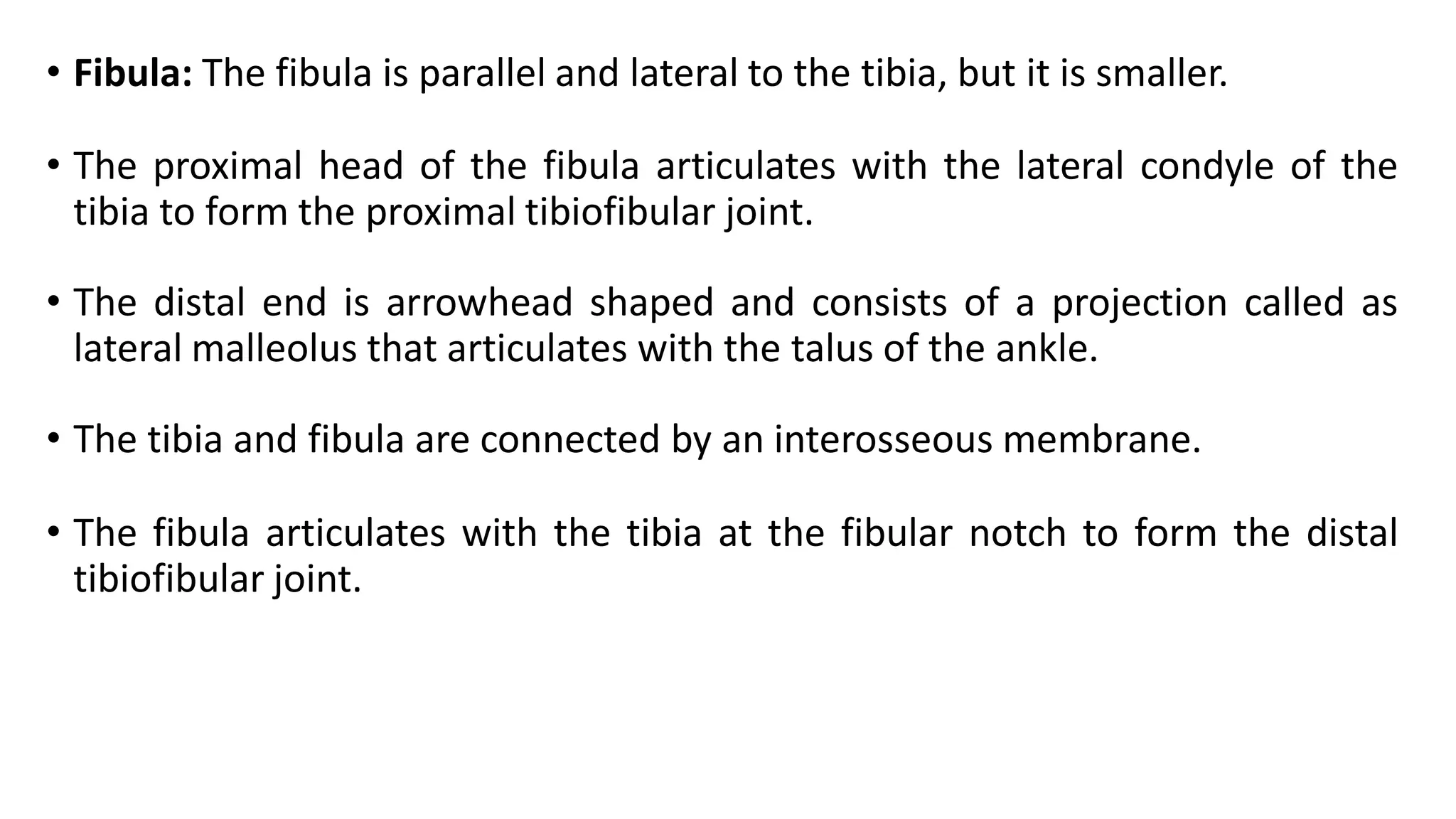 • Fibula: The fibula is parallel and lateral to the tibia, but it is smaller.
• The proximal head of the fibula articulates with the lateral condyle of the
tibia to form the proximal tibiofibular joint.
• The distal end is arrowhead shaped and consists of a projection called as
lateral malleolus that articulates with the talus of the ankle.
• The tibia and fibula are connected by an interosseous membrane.
• The fibula articulates with the tibia at the fibular notch to form the distal
tibiofibular joint.
 