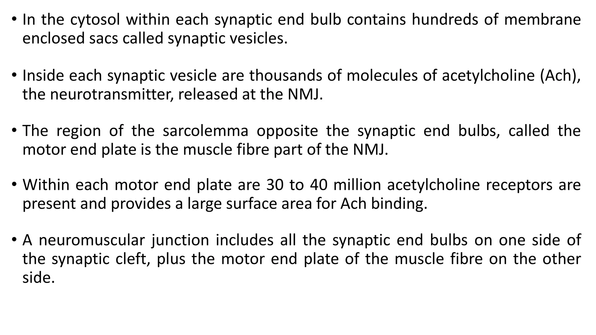 • In the cytosol within each synaptic end bulb contains hundreds of membrane
enclosed sacs called synaptic vesicles.
• Inside each synaptic vesicle are thousands of molecules of acetylcholine (Ach),
the neurotransmitter, released at the NMJ.
• The region of the sarcolemma opposite the synaptic end bulbs, called the
motor end plate is the muscle fibre part of the NMJ.
• Within each motor end plate are 30 to 40 million acetylcholine receptors are
present and provides a large surface area for Ach binding.
• A neuromuscular junction includes all the synaptic end bulbs on one side of
the synaptic cleft, plus the motor end plate of the muscle fibre on the other
side.
 