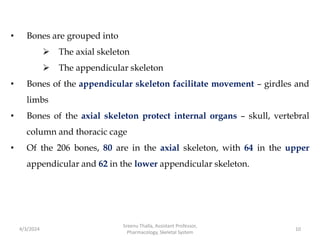 • Bones are grouped into
 The axial skeleton
 The appendicular skeleton
• Bones of the appendicular skeleton facilitate movement – girdles and
limbs
• Bones of the axial skeleton protect internal organs – skull, vertebral
column and thoracic cage
• Of the 206 bones, 80 are in the axial skeleton, with 64 in the upper
appendicular and 62 in the lower appendicular skeleton.
4/3/2024 10
Sreenu Thalla, Assistant Professor,
Pharmacology, Skeletal System
 