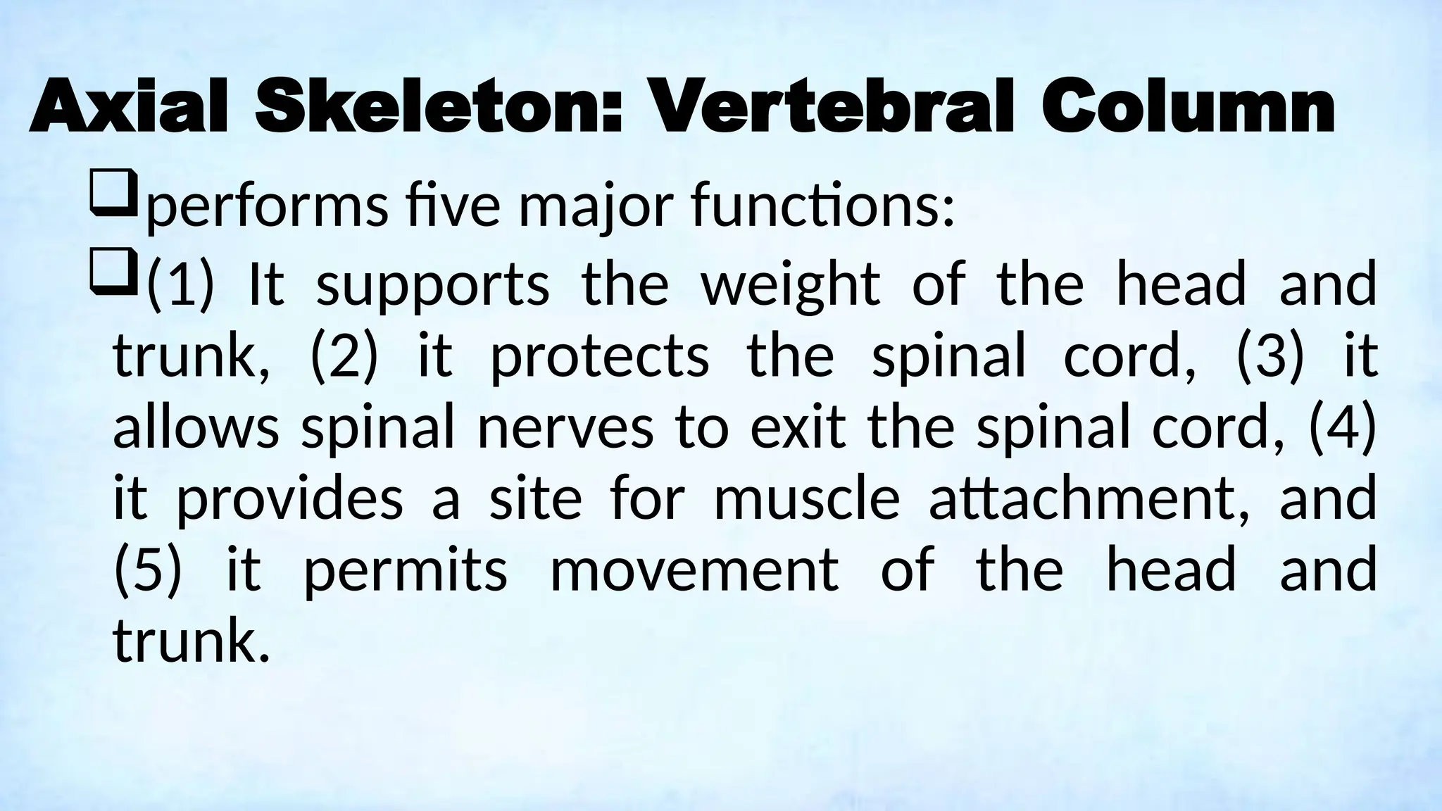 Axial Skeleton: Vertebral Column
performs five major functions:
(1) It supports the weight of the head and
trunk, (2) it protects the spinal cord, (3) it
allows spinal nerves to exit the spinal cord, (4)
it provides a site for muscle attachment, and
(5) it permits movement of the head and
trunk.
 