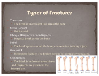 — Transverse
— The break is in a straight line across the bone
— Stress (Linear)
— Hairline crack
— Oblique (Displaced or nondisplaced)
— Diagonal break across the bone
— Spiral
— The break spirals around the bone; common in a twisting injury.
— Greenstick
— Incomplete fracture. The broken bone is not completely separated.
— Comminuted
— The break is in three or more pieces
and fragments are present at the
fracture site.
 