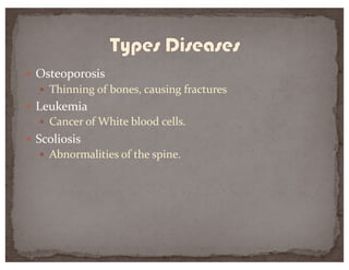 — Osteoporosis
— Thinning of bones, causing fractures
— Leukemia
— Cancer of White blood cells.
— Scoliosis
— Abnormalities of the spine.
 