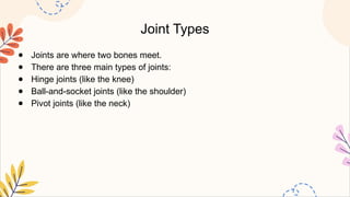 Joint Types
● Joints are where two bones meet.
● There are three main types of joints:
● Hinge joints (like the knee)
● Ball-and-socket joints (like the shoulder)
● Pivot joints (like the neck)
 
