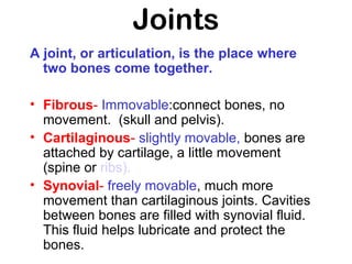 Joints
A joint, or articulation, is the place where
two bones come together.
• Fibrous- Immovable:connect bones, no
movement. (skull and pelvis).
• Cartilaginous- slightly movable, bones are
attached by cartilage, a little movement
(spine or ribs).
• Synovial- freely movable, much more
movement than cartilaginous joints. Cavities
between bones are filled with synovial fluid.
This fluid helps lubricate and protect the
bones.

 