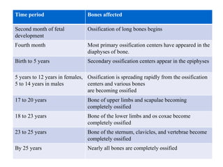 Time period Bones affected
Second month of fetal
development
Ossification of long bones begins
Fourth month Most primary ossification centers have appeared in the
diaphyses of bone.
Birth to 5 years Secondary ossification centers appear in the epiphyses
5 years to 12 years in females,
5 to 14 years in males
Ossification is spreading rapidly from the ossification
centers and various bones
are becoming ossified
17 to 20 years Bone of upper limbs and scapulae becoming
completely ossified
18 to 23 years Bone of the lower limbs and os coxae become
completely ossified
23 to 25 years Bone of the sternum, clavicles, and vertebrae become
completely ossified
By 25 years Nearly all bones are completely ossified
 