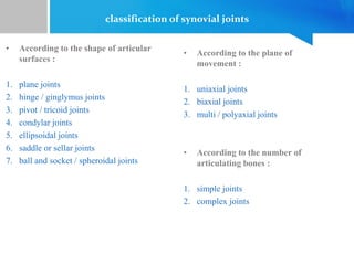 classification of synovial joints
• According to the shape of articular
surfaces :
1. plane joints
2. hinge / ginglymus joints
3. pivot / tricoid joints
4. condylar joints
5. ellipsoidal joints
6. saddle or sellar joints
7. ball and socket / spheroidal joints
• According to the plane of
movement :
1. uniaxial joints
2. biaxial joints
3. multi / polyaxial joints
• According to the number of
articulating bones :
1. simple joints
2. complex joints
 