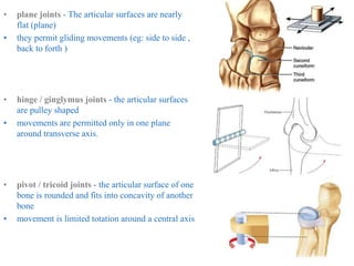 • plane joints - The articular surfaces are nearly
flat (plane)
• they permit gliding movements (eg: side to side ,
back to forth )
• hinge / ginglymus joints - the articular surfaces
are pulley shaped
• movements are permitted only in one plane
around transverse axis.
• pivot / tricoid joints - the articular surface of one
bone is rounded and fits into concavity of another
bone
• movement is limited totation around a central axis
 