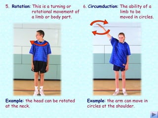 5. Rotation: This is a turning or
rotational movement of
a limb or body part.
Example: the head can be rotated
at the neck.
6. Circumduction: The ability of a
limb to be
moved in circles.
Example: the arm can move in
circles at the shoulder.
 