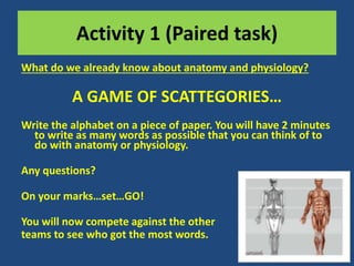 Activity 1 (Paired task) 
What do we already know about anatomy and physiology? 
A GAME OF SCATTEGORIES… 
Write the alphabet on a piece of paper. You will have 2 minutes 
to write as many words as possible that you can think of to 
do with anatomy or physiology. 
Any questions? 
On your marks…set…GO! 
You will now compete against the other 
teams to see who got the most words. 
 