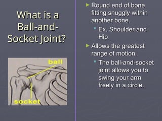 What is a
What is a
Ball-and-
Ball-and-
Socket Joint?
Socket Joint?
► Round end of bone
Round end of bone
fitting snuggly within
fitting snuggly within
another bone.
another bone.
 Ex. Shoulder and
Ex. Shoulder and
Hip
Hip
► Allows the greatest
Allows the greatest
range of motion.
range of motion.
 The ball-and-socket
The ball-and-socket
joint allows you to
joint allows you to
swing your arm
swing your arm
freely in a circle.
freely in a circle.
 