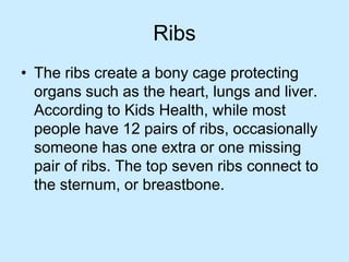 Ribs
• The ribs create a bony cage protecting
organs such as the heart, lungs and liver.
According to Kids Health, while most
people have 12 pairs of ribs, occasionally
someone has one extra or one missing
pair of ribs. The top seven ribs connect to
the sternum, or breastbone.
 