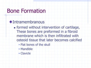 Bone Formation
Intramembranous
 formed without intervention of cartilage,
These bones are preformed in a fibroid
membrane which is then infiltrated with
osteoid tissue that later becomes calcified
 Flat bones of the skull
 Mandible
 Clavicle
 