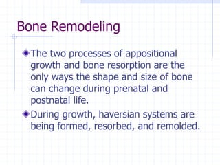 Bone Remodeling
The two processes of appositional
growth and bone resorption are the
only ways the shape and size of bone
can change during prenatal and
postnatal life.
During growth, haversian systems are
being formed, resorbed, and remolded.
 