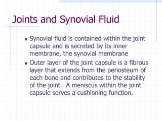 Joints and Synovial Fluid
 Synovial fluid is contained within the joint
capsule and is secreted by its inner
membrane, the synovial membrane
 Outer layer of the joint capsule is a fibrous
layer that extends from the periosteum of
each bone and contributes to the stability
of the joint. A meniscus within the joint
capsule serves a cushioning function.
 