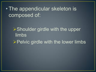 • The appendicular skeleton is
composed of:
Shoulder girdle with the upper
limbs
Pelvic girdle with the lower limbs
 