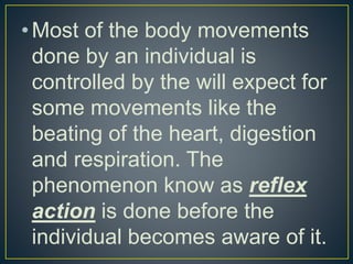 •Most of the body movements
done by an individual is
controlled by the will expect for
some movements like the
beating of the heart, digestion
and respiration. The
phenomenon know as reflex
action is done before the
individual becomes aware of it.
 