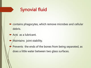 Synovial fluid
 contains phagocytes, which remove microbes and cellular
debris.
 Acts as a lubricant.
 Maintains joint stability.
 Prevents the ends of the bones from being separated, as
does a little water between two glass surfaces.
 