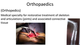 Orthopaedics
(Orthopedics)
Medical specialty for restorative treatment of skeleton
and articulations (joints) and associated connective
tissue

 