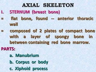 AXIAL SKELETON
I. STERNUM (breast bone)
=   flat bone, found -- anterior thoracic
   wall
= composed of 2 plates of compact bone
   with a layer of spongy bone in
   between containing red bone marrow.
PARTS:
   a. Manubrium
   b. Corpus or body
   c. Xiphoid process
 