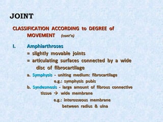 JOINT
CLASSIFICATION ACCORDING to DEGREE of
      MOVEMENT (cont’n)
I.   Amphiarthroses
     = slightly movable joints
     = articulating surfaces connected by a wide
         disc of fibrocartilage
     a. Symphysis - uniting medium: fibrocartilage
                  e.g.: symphysis pubis
     b. Syndesmosis - large amount of fibrous connective
           tissue  wide membrane
                  e.g.: interosseous membrane
                       between radius & ulna
 