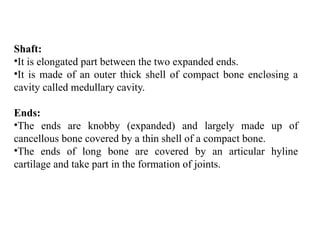 Shaft:
•It is elongated part between the two expanded ends.
•It is made of an outer thick shell of compact bone enclosing a
cavity called medullary cavity.
Ends:
•The ends are knobby (expanded) and largely made up of
cancellous bone covered by a thin shell of a compact bone.
•The ends of long bone are covered by an articular hyline
cartilage and take part in the formation of joints.
 