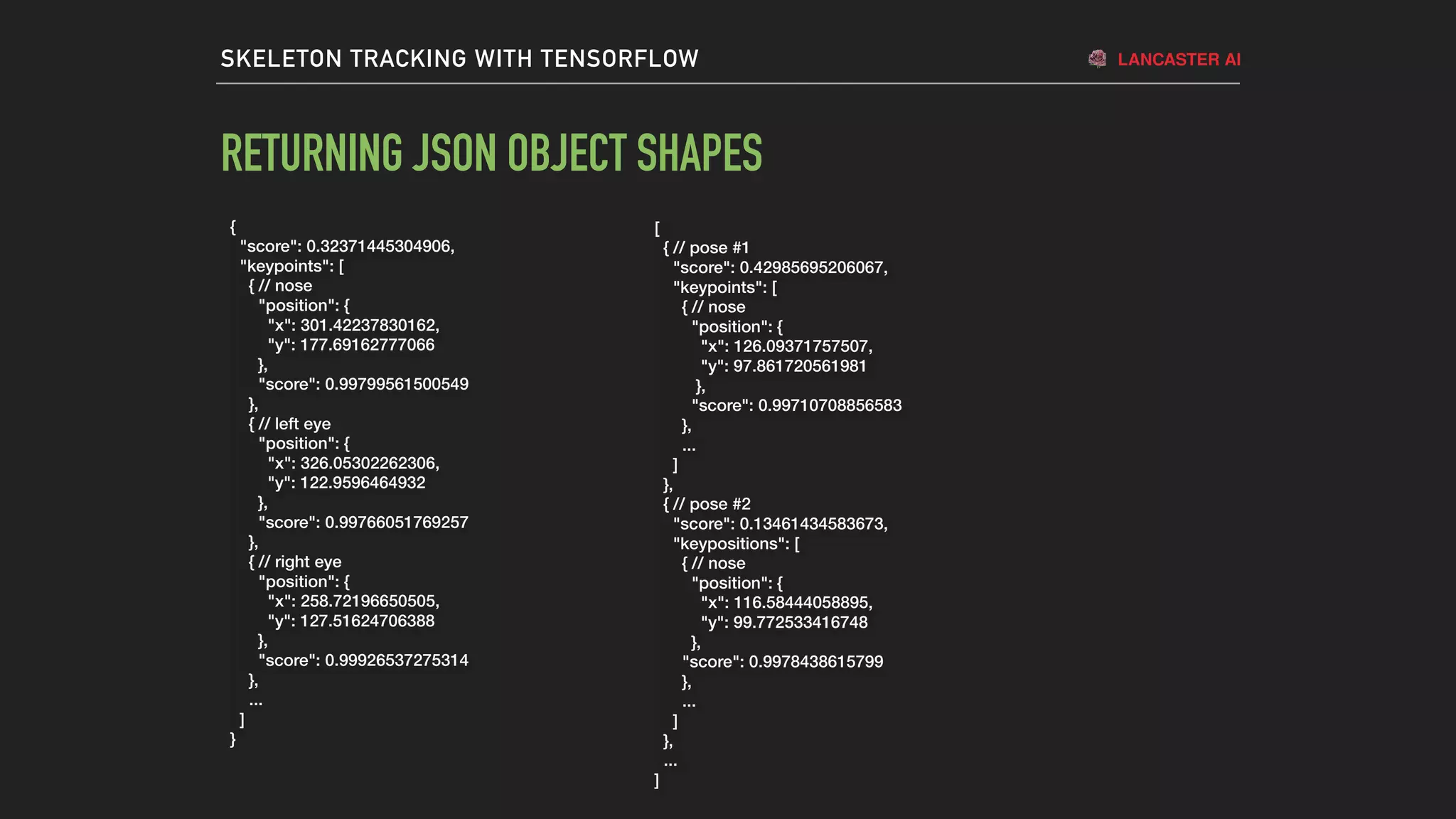LANCASTER AISKELETON TRACKING WITH TENSORFLOW
RETURNING JSON OBJECT SHAPES
6 - 7 million
120 million
{
"score": 0.32371445304906,
"keypoints": [
{ // nose
"position": {
"x": 301.42237830162,
"y": 177.69162777066
},
"score": 0.99799561500549
},
{ // left eye
"position": {
"x": 326.05302262306,
"y": 122.9596464932
},
"score": 0.99766051769257
},
{ // right eye
"position": {
"x": 258.72196650505,
"y": 127.51624706388
},
"score": 0.99926537275314
},
...
]
}
[
{ // pose #1
"score": 0.42985695206067,
"keypoints": [
{ // nose
"position": {
"x": 126.09371757507,
"y": 97.861720561981
},
"score": 0.99710708856583
},
...
]
},
{ // pose #2
"score": 0.13461434583673,
"keypositions": [
{ // nose
"position": {
"x": 116.58444058895,
"y": 99.772533416748
},
"score": 0.9978438615799
},
...
]
},
...
]
 
