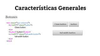 Características Generales 
Botones 
<div class="four columns"> 
<a href="#" class="button"> 
Class button 
</a> 
<button> button</button> 
<a href="#" class="full-width button"> 
full-width button 
</a> 
</div> 
 