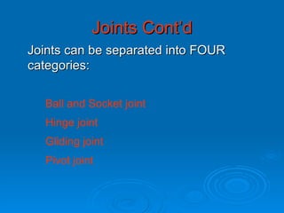 Joints Cont’d Joints can be separated into FOUR categories: Ball and Socket joint Hinge joint Gliding joint Pivot joint 