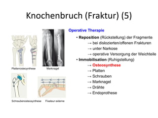 Knochenbruch (Fraktur) (5)
→ bei dislozierten/offenen Frakturen
→ unter Narkose
Operative Therapie
• Immobilisation (Ruhigstellung)
• Reposition (Rückstellung) der Fragmente
→ operative Versorgung der Weichteile
→ Osteosynthese
→ Schrauben
Plattenosteoynthese Marknagel
→ Platten
→ Drähte
→ Marknagel
→ Endoprothese
Schraubenosteosynthese Fixateur externe
 