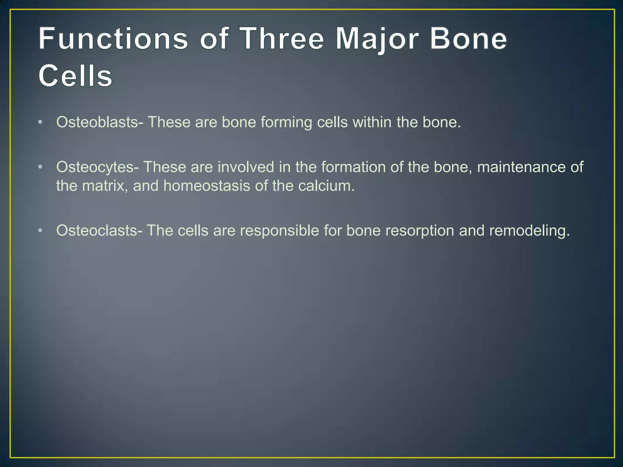 • Osteoblasts- These are bone forming cells within the bone.

• Osteocytes- These are involved in the formation of the bone, maintenance of
  the matrix, and homeostasis of the calcium.

• Osteoclasts- The cells are responsible for bone resorption and remodeling.
 