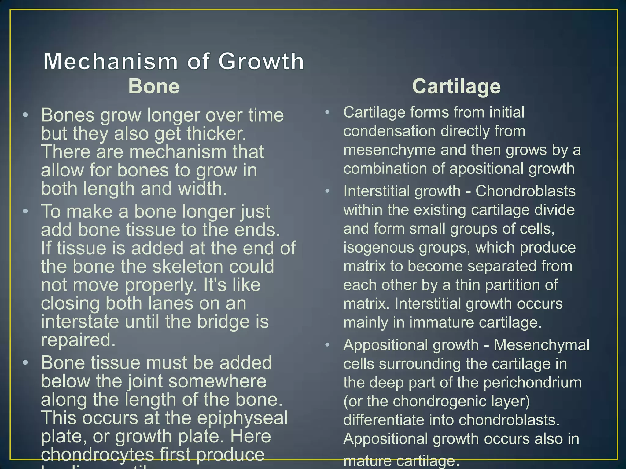 Bone                                Cartilage
• Bones grow longer over time        • Cartilage forms from initial
  but they also get thicker.           condensation directly from
  There are mechanism that             mesenchyme and then grows by a
  allow for bones to grow in           combination of apositional growth
  both length and width.             • Interstitial growth - Chondroblasts
• To make a bone longer just           within the existing cartilage divide
  add bone tissue to the ends.         and form small groups of cells,
  If tissue is added at the end of     isogenous groups, which produce
  the bone the skeleton could          matrix to become separated from
  not move properly. It's like         each other by a thin partition of
  closing both lanes on an             matrix. Interstitial growth occurs
  interstate until the bridge is       mainly in immature cartilage.
  repaired.                          • Appositional growth - Mesenchymal
• Bone tissue must be added            cells surrounding the cartilage in
  below the joint somewhere            the deep part of the perichondrium
  along the length of the bone.        (or the chondrogenic layer)
  This occurs at the epiphyseal        differentiate into chondroblasts.
  plate, or growth plate. Here         Appositional growth occurs also in
  chondrocytes first produce           mature cartilage.
 