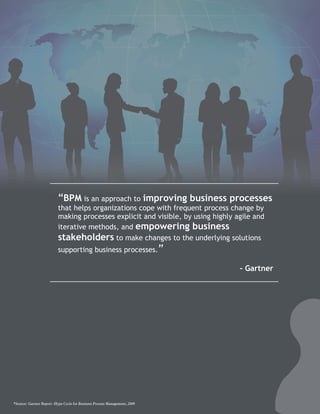 “BPM is an approach to improving business processes
                          that helps organizations cope with frequent process change by
                          making processes explicit and visible, by using highly agile and
                          iterative methods, and empowering business
                          stakeholders to make changes to the underlying solutions
                          supporting business processes.”

                                                                                  - Gartner




*Source: Gartner Report -Hype Cycle for Business Process Management, 2009
 