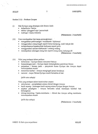SULIT 7 110312(PP)
Soalan 2 (b) : Petikan Cerpen
(i) Hak Eyrique yang dirampas oleh Strenn ialah:.
• kekasihnya / Sarlyn
• takhta / pengganti raja / pemerintah
•. mahligai / istana Alstonia
[Maksimum : 3 markah]
(iii) Cara mendapatkan hak tanpa persengketaan: .
• mengadakan perbincangan / muzakarah / diplomasi
• menggunakan orang tengah seperti ketua kampung, wakil rakyat dsb
• melaporkannya kepada pihak berkuasa seperti polis
• menggunakan saluran mahkamah / undang-lindang
• mendapatkan sokongan orang lain seperti orang ramai, keluarga dll
[Maksimum : 3 markah]
(iii) Nilai yang terdapat dalam petikan:
• keberanian - Eyrique berani menllntut haknya
• berpandangan jauh - Eyrique dapat menjangkakan pemikiran Strenn
• perpaduan / bersatu padu - penyatuan kuasa Eyrique dan Annyss dapat
menumpaskan musuh
• menerima nasihat - Annyss mengingati pesan bondanya
• rasional - mujur fikiran Eyrique masih bertakhta di hati
(pilih satu sahaja)
Nilai yang terdapat dalam keseluruhan cerpen:
• setia kawan - persahabatan antara Akmal dengan Annyss
• kasih sayang - hubungan kasih sayang antara Eyrique dengan Annyss
• anjakan paradigma - Annyss berusaha untuk merampas kembali hak
keluarganya
• tolong-menolong / bantu-membantu - Akmal dan Annyss saling membantu
menumpaskan musuh
(pilih dua sahaja)
[Maksimum : 3 markah)
110312 © Hak cipta terpelihara SULIT
-
www.lamanbahasa.wordpress.com
 