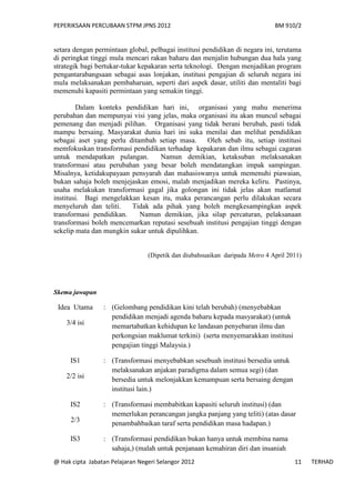 PEPERIKSAAN PERCUBAAN STPM JPNS 2012                                          BM 910/2


setara dengan permintaan global, pelbagai institusi pendidikan di negara ini, terutama
di peringkat tinggi mula mencari rakan baharu dan menjalin hubungan dua hala yang
strategik bagi bertukar-tukar kepakaran serta teknologi. Dengan menjadikan program
pengantarabangsaan sebagai asas lonjakan, institusi pengajian di seluruh negara ini
mula melaksanakan pembaharuan, seperti dari aspek dasar, utiliti dan mentaliti bagi
memenuhi kapasiti permintaan yang semakin tinggi.

        Dalam konteks pendidikan hari ini, organisasi yang mahu menerima
perubahan dan mempunyai visi yang jelas, maka organisasi itu akan muncul sebagai
pemenang dan menjadi pilihan. Organisasi yang tidak berani berubah, pasti tidak
mampu bersaing. Masyarakat dunia hari ini suka menilai dan melihat pendidikan
sebagai aset yang perlu ditambah setiap masa.     Oleh sebab itu, setiap institusi
memfokuskan transformasi pendidikan terhadap kepakaran dan ilmu sebagai cagaran
untuk mendapatkan pulangan.        Namun demikian, ketaksuban melaksanakan
transformasi atau perubahan yang besar boleh mendatangkan impak sampingan.
Misalnya, ketidakupayaan pensyarah dan mahasiswanya untuk memenuhi piawaian,
bukan sahaja boleh menjejaskan emosi, malah menjadikan mereka keliru. Pastinya,
usaha melakukan transformasi gagal jika golongan ini tidak jelas akan matlamat
institusi. Bagi mengelakkan kesan itu, maka perancangan perlu dilakukan secara
menyeluruh dan teliti.    Tidak ada pihak yang boleh mengkesampingkan aspek
transformasi pendidikan.    Namun demikian, jika silap percaturan, pelaksanaan
transformasi boleh mencemarkan reputasi sesebuah institusi pengajian tinggi dengan
sekelip mata dan mungkin sukar untuk dipulihkan.


                                 (Dipetik dan diubahsuaikan daripada Metro 4 April 2011)




Skema jawapan

 Idea Utama      : (Gelombang pendidikan kini telah berubah) (menyebabkan
                   pendidikan menjadi agenda baharu kepada masyarakat) (untuk
    3/4 isi        memartabatkan kehidupan ke landasan penyebaran ilmu dan
                   perkongsian maklumat terkini) (serta menyemarakkan institusi
                   pengajian tinggi Malaysia.)

     IS1         : (Transformasi menyebabkan sesebuah institusi bersedia untuk
                   melaksanakan anjakan paradigma dalam semua segi) (dan
    2/2 isi        bersedia untuk melonjakkan kemampuan serta bersaing dengan
                   institusi lain.)

     IS2         : (Transformasi membabitkan kapasiti seluruh institusi) (dan
                   memerlukan perancangan jangka panjang yang teliti) (atas dasar
      2/3          penambahbaikan taraf serta pendidikan masa hadapan.)

     IS3         : (Transformasi pendidikan bukan hanya untuk membina nama
                   sahaja,) (malah untuk penjanaan kemahiran diri dan insaniah
@ Hak cipta Jabatan Pelajaran Negeri Selangor 2012                                   11    TERHAD
 
