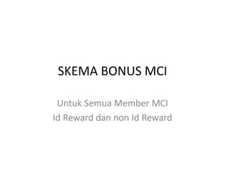 SKEMA BONUS MCI
Untuk Semua Member MCI
Id Reward dan non Id Reward
 