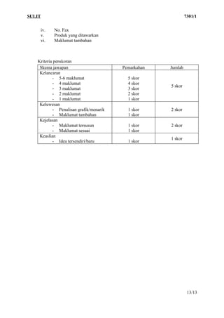SULIT                                                         7301/1


        iv.   No. Fax
        v.    Produk yang ditawarkan
        vi.   Maklumat tambahan



   Kriteria penskoran
    Skema jawapan                       Pemarkahan   Jumlah
    Kelancaran
           - 5-6 maklumat                 5 skor
           - 4 maklumat                   4 skor
                                                     5 skor
           - 3 maklumat                   3 skor
           - 2 maklumat                   2 skor
           - 1 maklumat                   1 skor
    Keluwesan
           - Penulisan grafik/menarik     1 skor     2 skor
           - Maklumat tambahan            1 skor
    Kejelasan
           - Maklumat tersusun            1 skor     2 skor
           - Maklumat sesuai              1 skor
    Keaslian
                                                     1 skor
           - Idea tersendiri/baru         1 skor




                                                               13/13
 
