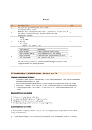 Exercise
No Answer Scheme Mark
a The force that gravitation exerts upon a body 1
b
Stone is denser than water
When the stone is immersed in the water , it experienced buoyant force, F
The tension which is the reading of spring balance, T = W-F
Archimedes’ Principle
4
c
i. 4.4.kg
ii. (44-36) = 8 N
iii. F = Vg
V = F/(g)
= 8/(103 x 10) = 8x10-4 m3
5
d
Characteristics Explaination
Denser material So the hydrometer stand up right
Large diameter of bulb Displaced more acid// stay floating
Long hydrometer To measure wide range of density of acid
Glass hydrometer Does not react with acid
The best choice is U because it is denser material, large diameter of bulb,
long hydrometer and glass hydrometer
10
SECTION III– UNDERSTANDING (Paper 2 Section B and C)
Question 1 [ Introduction to Physics ]
1. Consistency is the ability of the instrument to give the same readings close to each other when
repeated measurement are done
2. each measurement with little deviation among readings/ draw diagram bulls eye target.
3. Accuracy is the ability of an instrument to give a measured reading to the actual reading.
4. The value determined is accurate if it is near to the actual value/ draw diagram bulls eye
target.
Question 2 [Forces and Motion]
1. Fuel burns in the combustion chamber
2. Hot gases expelled at high speed / high momentum
3. A large downwards momentum is produced
4. The rocket gains upwards momentum of equal magnitude.
Question 3 [Forces and Motion
(i) Elasticity is the property of matter to return back to its original size or shape when the force that
acting on it is removed
(ii)1. There are two types of force; attraction and repulsive force between the particles of the solid.
 