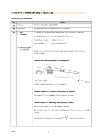 SULIT 41
SECTION VIII B– EXPERIMENT (Paper 3 Section B)
Question1 [Force and Motion]
No Answer
(a)
Inference The force affects the acceleration
(b) Hypothesis The greater the force, the greater the acceleration
(c) i. Aim
ii. Variables
iii. List of apparatus
and materials
To investigate the relationship between the force and the acceleration
Manipulated variable : Force. F (weight of the load)
Responding variable : acceleration, a
Fixed variable : Mass of the trolley, m
A trolley, runway, ticker- timer, ticker-tape, power supply,metre rule and
wooden block
States the workable arrangement of the apparatus
Set up
Set up the apparatus as shown in the diagram.
States the method of controlling the manipulated variable
Use load of F = 0.5 N to pull the trolley down the runway.
States the method of measuring the responding variable
Switch on the power supply and release the trolley.
Cut the ticker tape into 5-tick strips and a tape chart for the motion of the trolley
is made.
Calculate the acceleration of the using
t
uv
a

 and record the data.
a.c power supply
 