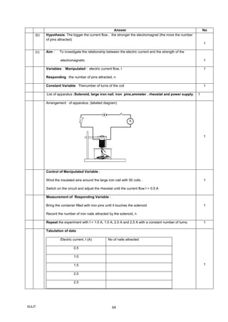 SULIT 64
Answer No
(b) Hypothesis: The bigger the current flow , the stronger the electromagnet (the more the number
of pins attracted)
1
(c) Aim : To investigate the relationship between the electric current and the strength of the
electromagnetic 1
Variables : Manipulated : electric current flow, I
Responding :the number of pins attracted, n
1
Constant Variable: Thenumber of turns of the coil 1
List of apparatus :Solenoid, large iron nail, iron pins,ammeter , rheostat and power supply. 1
Arrangement of apparatus: (labeled diagram)
1
Control of Manipulated Variable :
Wind the insulated wire around the large iron nail with 50 coils .
Switch on the circuit and adjust the rheostat until the current flow I = 0.5 A
1
Measurement of Responding Variable :
Bring the container filled with iron pins until it touches the solenoid
Record the number of iron nails attracted by the solenoid, n
1
Repeat the experiment with I = 1.0 A, 1.5 A, 2.0 A and 2.5 A with a constant number of turns. 1
Tabulation of data
Electric current, I (A) No of nails attracted
0.5
1.0
1.5
2.0
2.5
1
 
