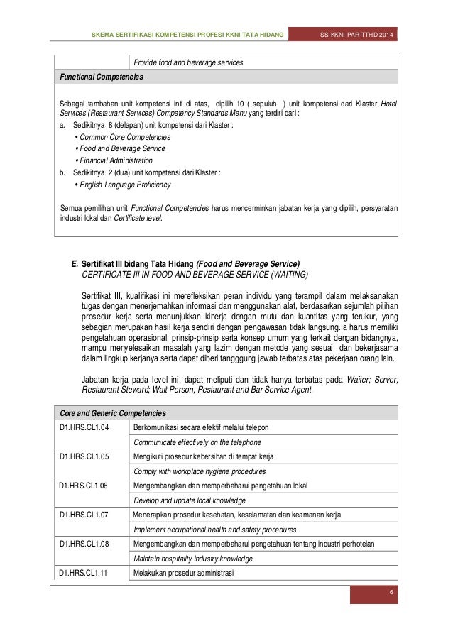 Skema sertifikasi kkni food and beverage services 2014