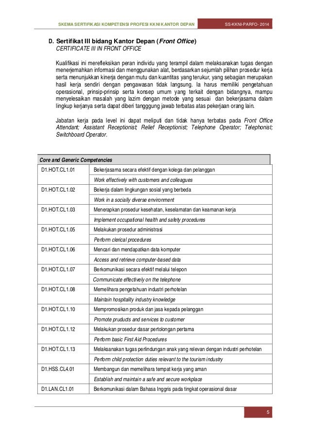 Skema sertifikasi kkni front office 2014