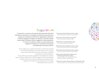 Ti proponiamo un percorso alla scoperta delle potenzialità della Sfera     1_Pavimento Brio & Parete Fonika e Unika
Vitale Skema, ispirandoti con una galleria di realizzazioni dove pavimento       Brio Flooring & Fonika and Unika Wall
       e parete sono totalmente coordinati per raggiungere la perfezione.
                                                                               2_Pavimento Brio & Parete Fonika DF
     Ti offriamo suggestioni di design, che mettono in evidenza l’impatto        Brio Flooring & Fonika DF Wall
     estetico delle combinazioni Skema, suggestioni di personalizzazione,
                 con spunti e consigli per rendere unica ogni realizzazione,   3_Pavimento Living & Parete Fonika
                     suggestioni di qualità, con l’eccellenza che da sempre      Living Flooring & Fonika Wall
                                    contraddistingue la produzione Skema.      4_Pavimento Brio & Parete Fonika e Unika
                                                                                 Brio Flooring & Fonika and Unika Wall
      We are offering you a path that will help you ﬁnding the potential
          of the Skema Vital Sphere, which will inspire you with a gallery     5_Pavimento Brio & Parete Fonika e Unika
                                                                                 Brio Flooring & Fonika and Unika Wall
          of executions where ﬂooring and wall covering are completely
                                      coordinated to achieve perfection.       6_Pavimento legno Elemex Opera Live
    We are offering you design suggestions that highlight the aesthetic          & Parete legno Elemex Opera
impact of Skema combinations. They are suggestions for personalisation           Elemex Opera Live wooden Flooring
                                                                                 & Elemex Opera wooden Wall
        complete with hints and tips for making every execution unique,
               suggestions of quality with the excellence that has always      7_Pavimento legno Elemex Opera Live & Parete Unika
                                          distinguished Skema products.          Elemex Opera Live wooden Flooring & Unika Wall



                                                                                                                                    5
 