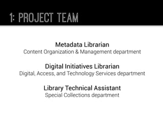 Metadata Librarian 
Content Organization& Management department 
Digital Initiatives Librarian 
Digital, Access, and Technology Services department 
Library Technical Assistant 
Special Collections department  