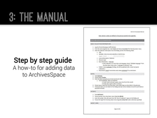 Step by step guide 
A how-to for adding data to ArchivesSpace  