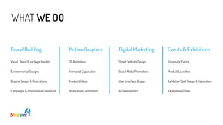 WHAT WE DO
Digital Marketing
Smart Website Design
Social Media Promotions
User Interface Design
& Development
Events & Exhibitions
Corporate Events
Product Launches
Exhibition Stall Design & Fabrication
Experiential Zones
Motion Graphics
3D Animation
Animated Explanation
Product Videos
White-board Animation
Brand Building
Visual, Brand & package Identity
Environmental Designs
Graphic Design & Illustrations
Campaigns & Promotional Collaterals
 