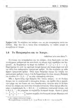 92 ΚΕΦ. 1 ΣΥΝΟΛΑ
Σχήμα 1.12. Το σύμβολο του α::είρου ~oc», ως μία πεr.ερασ:.ιένη τ,:ι~νtα του
λ'iδl)ίιιs. Ηαρ' 6λο r.ου η -:αινί:χ εlνα~ :::ε:τερασμένr,, το ,ιταξίδι» μπομt να
σ:;νεχίζεται ε:::' ,::Χ;ι;εφο .
1.6 Το Πεπερασμένο και το Άπειρο.
((infinit,ιιnι ,κtu ηοη ιlntuι-.6»
Οι ένvοιε;; -:o•J r.ε:::ερασμένου κα~ του αr.εi_ρου, εlναι θεμελι::αές γι:χ όλα
τα nύγχρονα μ-:χθημα:ικά χαι α7tοτελούν :η μό,;ψη :::ηγ~ :::::φαΜξων χαι δια­
φωνιών. Α;; Οεωρ:f1σουμε τη σεφά του J..cil>t1ίz: 1 - t + ~ + t + f.
Παρατηρούμε ότ•. α:τfJ :fιΙ ::φιστερ~ πλευρά: έχουμε μία ά:τειρη σειρ:i ενώ πό
την :iλλη έναν χαθrηισμένο τ.ραyμα:ιχό cψ.θμό. Το ίδιο συμ~αίνει με χάθε
άρρητο :φ:ιγματικό αpιθ:J.ό. Ο:::ως όμως θεωρούμε νόμψη :ην ,Jπαρξη :ων
r.ραγμ,:χ-:ιχών αριθμών r. χαι ~, έτσι θα θεωρο:;σ:ιμε 6τι εlναι νόμιμη η θεώρηση
ως μί:χς -::ελειωμένης
δ•.αχpίvει δύο -::t)πους το uεν δυv6:μει
ά.r.εφο» χ:ιι το ·~τελειωμένο &:r.εφωι, χαt σχεδόν όλη η :χ;::χ:ιι6-
τη-:::ι μέχFι Υ.:tι -::ον (:;-ιnss Υ.:tι -::ους δι:χισθητtχο1';ς ;-:ίστεJ:ιν σ-::ην εν δυνάμει
έννοια του :>:πείρου χ:χι ;τοτέ σ-::"'ιν στ:χτtχfι-ενεστωτ•.χ/1. Ο;τως έχουμε f,δ"'ι αν:χ­
ψέpει ο σ1Jμβολισμ6:; Nn = {Ο, 1, 2, · ·} !J:τ:οδηλt)νε:ι ε:νεσ-::ω-::ιχό :iπε:φο, ε:ν<il
ο ,((), 1;2, . ,1, θ:χ μ~οροJσε να σ ;μ;3ολt:ει δ'.Jναμ•χο α~ε:ιρο Ομοtα η yρ:ιψη
1 - _1_-'- _1_-'- _1_-'- · · · = -.".'1 έμ:,εσ,. εη?άζει ένα δuνψ.Υ.6 ά,εφο άθροισμα εν<f,- ;3 ",) . 7 '
~,.Δε-., v.:ά(zε~ ε'ιειΓ::ωη:~6
' Θα t1J"ιJ,βολίζου--lε το σJνολο με Ν ενώ -:ο {υ, 1, 2. · ·}με ω f, με Νο
 
