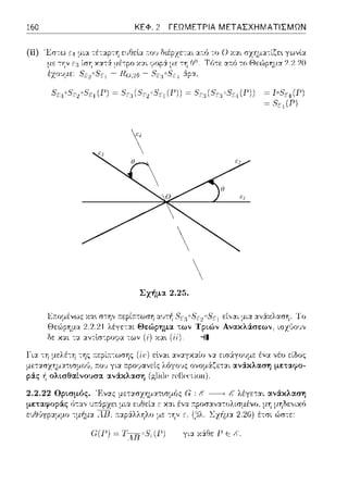 O
ε3
ε4
ε2
ε1
θ
θ
160
(ii)
ΚΕΦ. 2 ΓΕΩΜΕΤΡΙΑ ΜΕΤΑΣΧΗΜΑΤΙΣΜΩΝ

Σχήμα 2.25.
Ξc3 °5,~2 uS',- 1 είν:::ι:ι μι:::ι: :::ι:ν:iχλαση. Το
των ΤpLών Ανακλάσεων, ισχύουν
Ωε χα.ι τα αντtσ:pοφα -:ων (i) χα~ (i·i). --11
με:-:::ωχημ::ηωμο(,, τ:ου γι:χ τ:pοφανείς λόγο~,ς
ι;::iς ~ ολισθαlνουσα ανάκλαση (!'ζ1ί(]C
μεταφοράς ϊη::tν
για Υ.:i~ε: fl Ε
μεταφο-
έτσι ώσ-:ε:
 