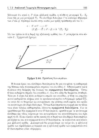 →
x
→
y
→ →
x+y
~ 2.3 Αναλυτική Γεωμετρία. Μετασχηματισμών. 195
,:::ίλέa.οvμε ύ--:ι αψο1) η 7 είναι
εί,,αι lση
Γχυ-----..τ:
(Χ.17) f-+ Ζ Ξ .r+ 17:= J,,-1 (Γr · Υ:σ)
::Ιε το,, :1,ε-:αyέρε-:αι σ-:ο σϊJ-
,.~.>_r.f .r.
Σχήμα. 2.44. ΠpύσΓJεση δι::t,,~;σμϊ(--:ων.
 